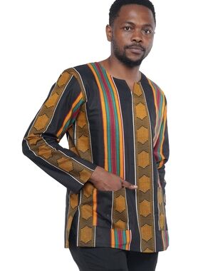 Men's Black Striped Long-Sleeve Casual Button-Down Shirt with Multicolor Accents